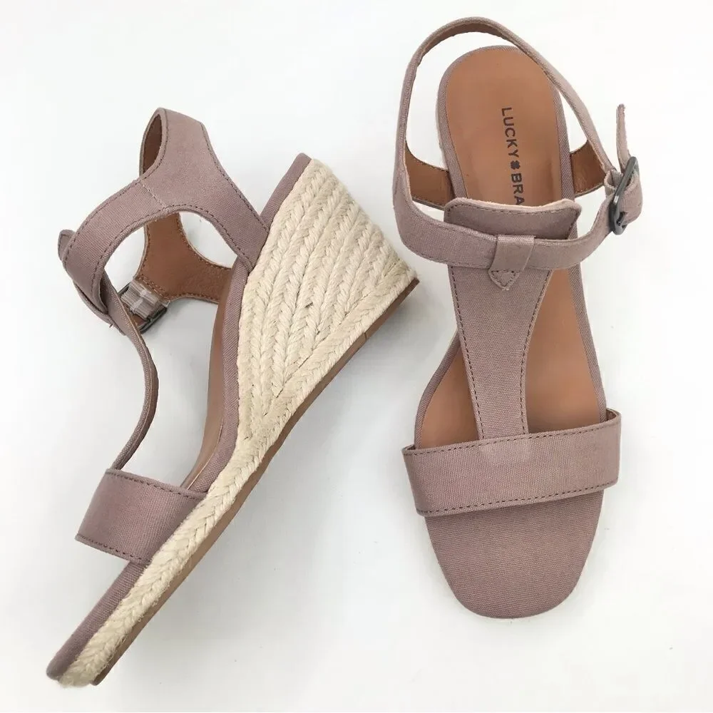 Lucky Brand Millinda Pink Espadrille T Strap Wedge Sandal in Antler Canvas